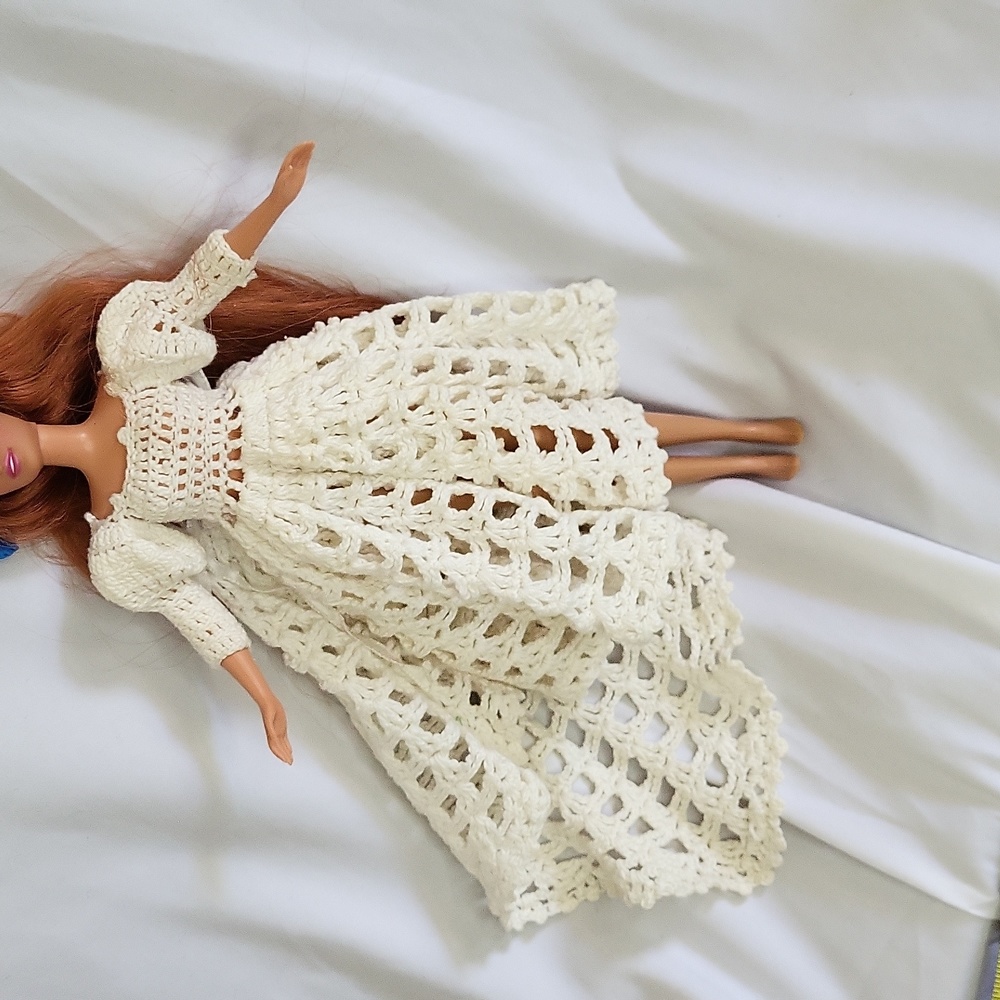 Wedding dress For Barbie skipper vintage crochet handmade ties in back